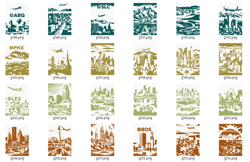 A screenshot of a bunch of cards - each corresponding to an airport in the united states, with the airport code shown on top of an iconic landmark from the location of the airport