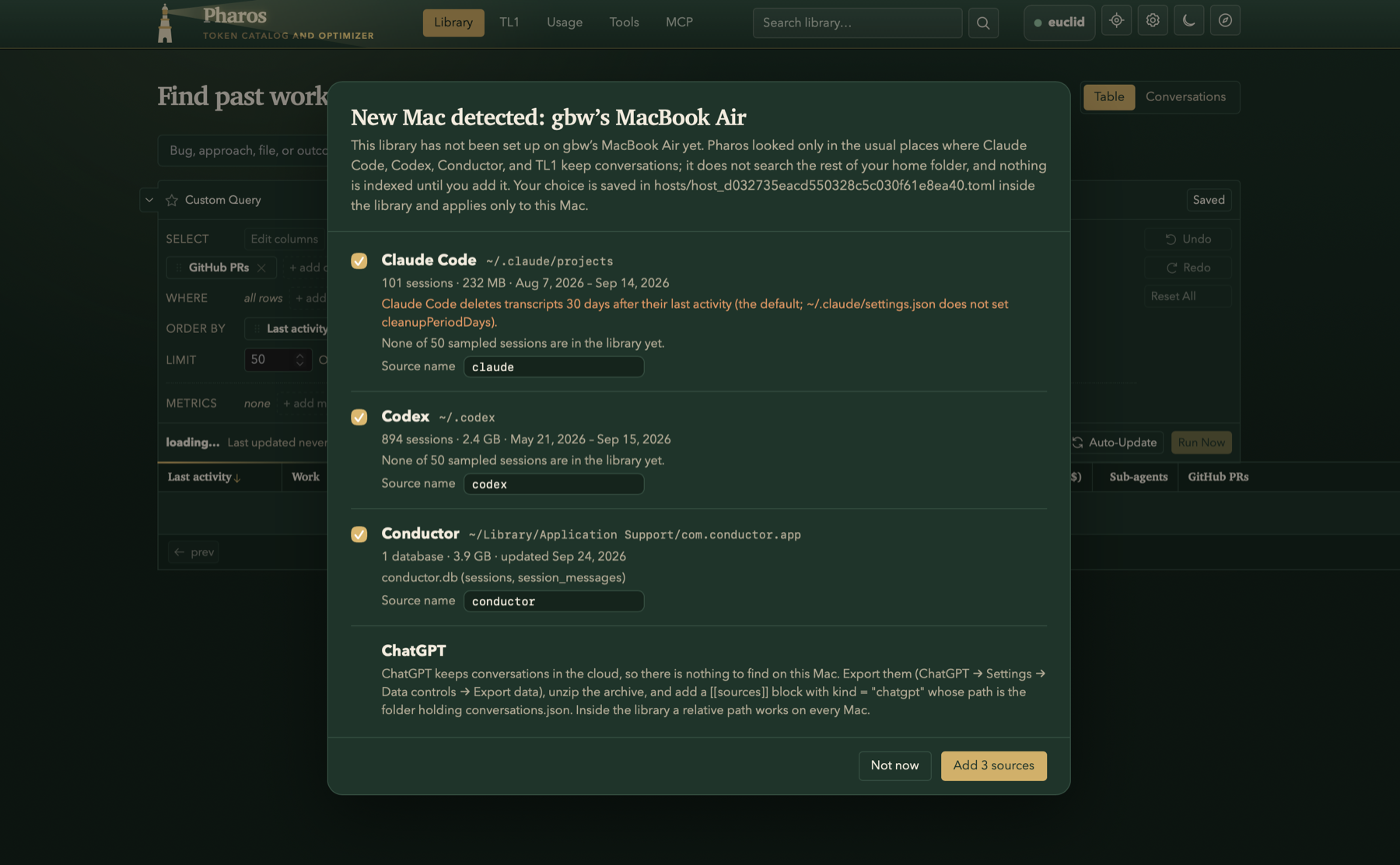The &ldquo;New Mac detected&rdquo; panel listing Claude Code, Codex, and Conductor sources with session counts, sizes, and date ranges