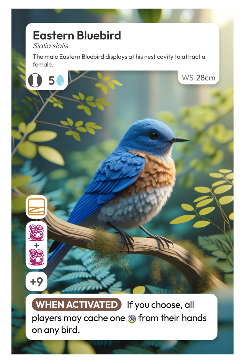 A card depicting a bluebird from the auto-generated wingspan deck project