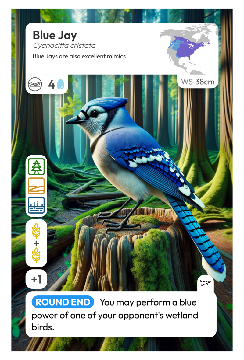 A card depicting a blue jay from the auto-generated wingspan deck project